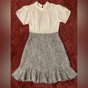 Rebecca Taylor Cream Petal Sleeve Silk & Confetti Tweed Dress Sz 2